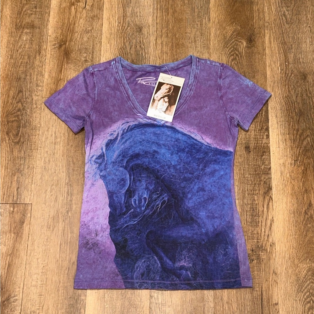 Robin Caspari Twist Of Fate V-Neck Graphic Tee Purple Blue Horse Cotton M NWT